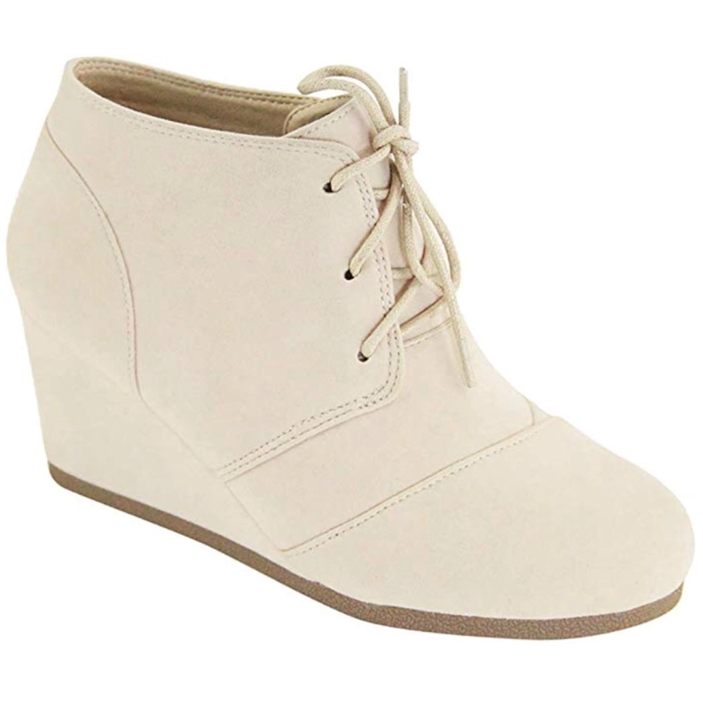 Cream Lace Up Wedge Ankle Bootie - Picture 6 of 6